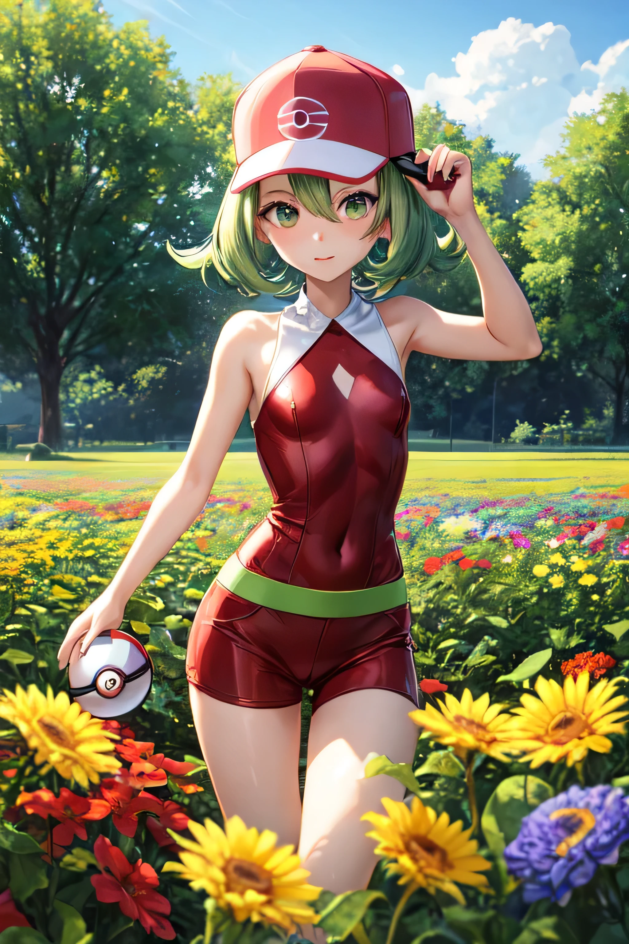 pokemon trainer, takagi-san, (light green hair), green eyes, small breast, (red outfit), bare shoulders, flowerfield, farm, holding pokeball, action