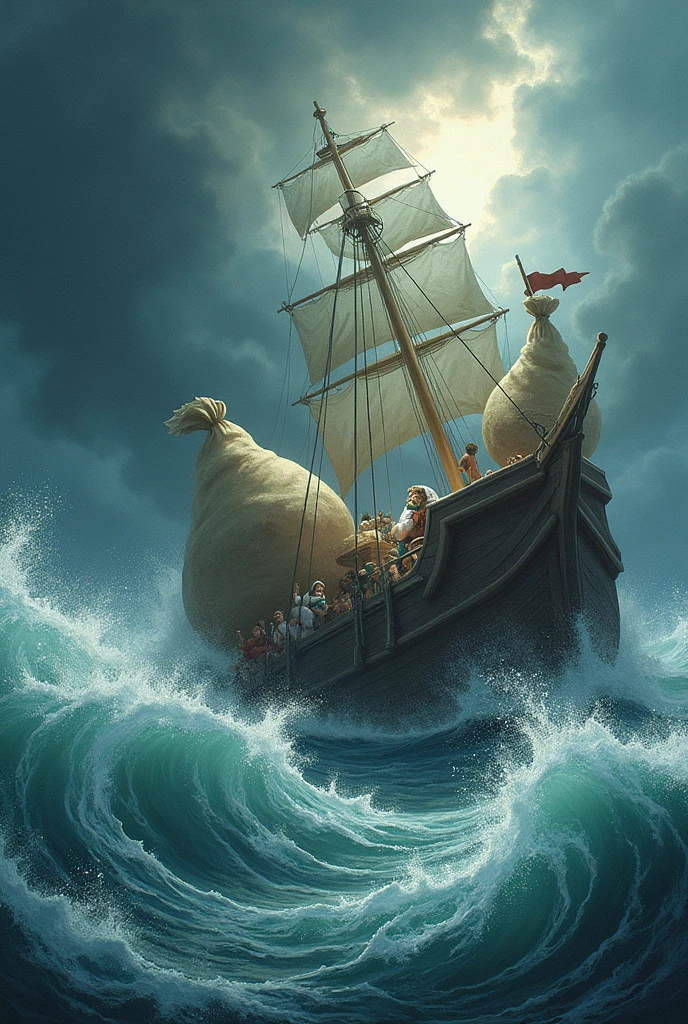 Odysseus is asleep on the ship while two of his men open a large bag, with winds coming out of it and pushing the ship into a storm. A big bag - *Text:* Storyteller: "Odysseus&#39; men opened the bag of winds, thinking it contained gold, and were dragged back into the sea."