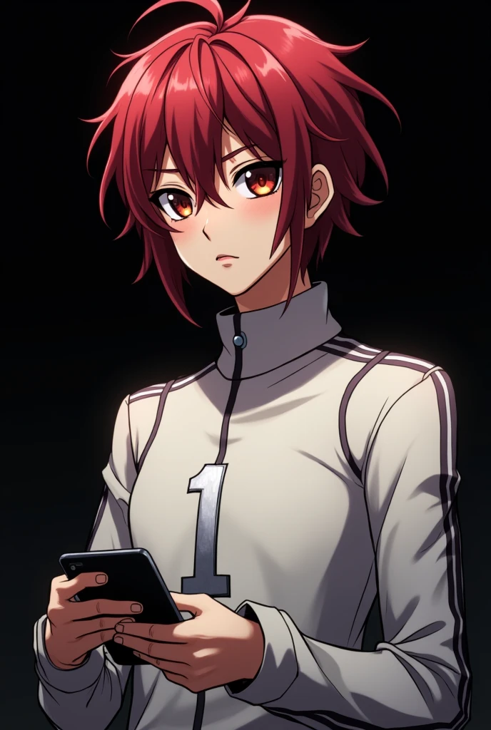 The male character in the image has a distinct, stylized appearance typical of anime art. Here is a detailed description: - **Facial Features**: The character has a chiseled, angular jawline. The eyes are very large and wide, a common style in anime illustrations, giving the character an intense or frightening look. The eyes are almost entirely black, suggesting a stylistic choice for dramatic effect or a supernatural theme. The eyebrows are thin and slightly arched, increasing the character's serious or focused expression. - **Hair**: The character has vibrant, rich burgundy hair that falls in loose waves down to her shoulders. The deep crimson tone complements her warm, olive skin and adds captivating contrast to her bright, expressive dark eyes. - **Skin Tone**: The character's skin tone is warm, olive skin - **Clothes**: When dressed in the white uniform, the bright red of his hair serves as a striking pop against the monochromatic backdrop, while the silver numeral 1 emblazoned across his chest subtly highlights his status as the starting member of the team and in character expression. - **Background and Expression**: The background is completely black, which intensifies the character's pale complexion and dark features. The expression is neutral, with lips parted, giving a feeling of calm or contemplation. The character is holding a black object, likely a smartphone or similar device, suggesting he may be reading or watching something intently. Do it anime style