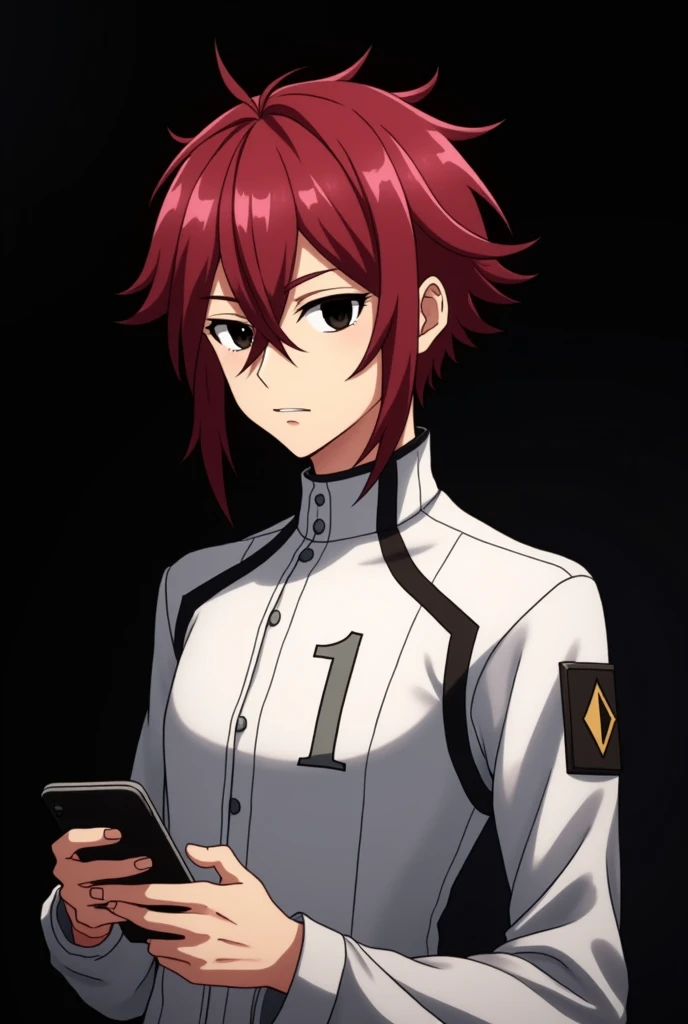 The male character in the image has a distinct, stylized appearance typical of anime art. Here is a detailed description: - **Facial Features**: The character has a chiseled, angular jawline. The eyes are very large and wide, a common style in anime illustrations, giving the character an intense or frightening look. The eyes are almost entirely black, suggesting a stylistic choice for dramatic effect or a supernatural theme. The eyebrows are thin and slightly arched, increasing the character's serious or focused expression. - **Hair**: The character has vibrant, rich burgundy hair that falls in loose waves down to her shoulders. The deep crimson tone complements her warm, olive skin and adds captivating contrast to her bright, expressive dark eyes. - **Skin Tone**: The character's skin tone is warm, olive skin - **Clothes**: When dressed in the white uniform, the bright red of his hair serves as a striking pop against the monochromatic backdrop, while the silver numeral 1 emblazoned across his chest subtly highlights his status as the starting member of the team and in character expression. - **Background and Expression**: The background is completely black, which intensifies the character's pale complexion and dark features. The expression is neutral, with lips parted, giving a feeling of calm or contemplation. The character is holding a black object, likely a smartphone or similar device, suggesting he may be reading or watching something intently. Do it anime style