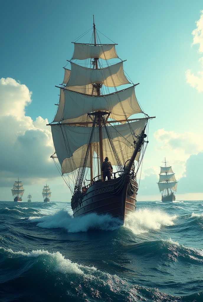 a sailing ship in the middle of the sea with a brave captain who braved the waves and ran away from enemy ships ; format landscape orientation photos