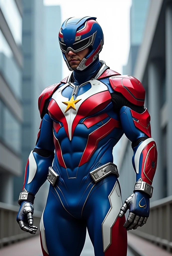 Male,Malaysia Superhero,suit teknology,with helmet mask,the suit red ,white and royal blue and have royal yellow star with crescent moon,and have small kris emblem at forehead

