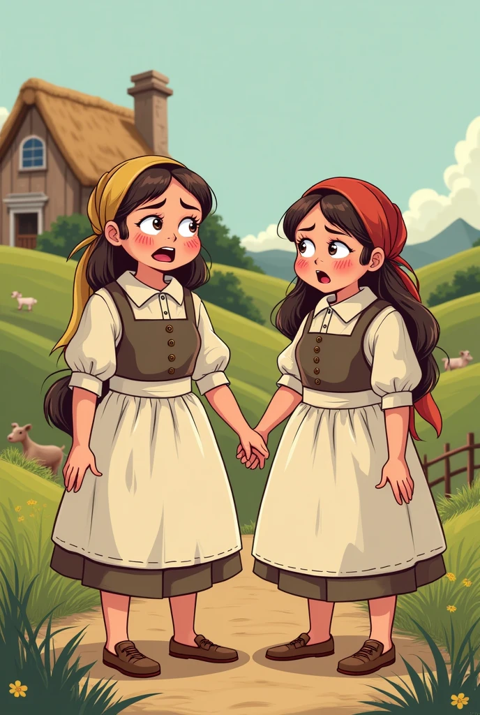 2 peasant girls in a cartoon scared because they suddenly became adults