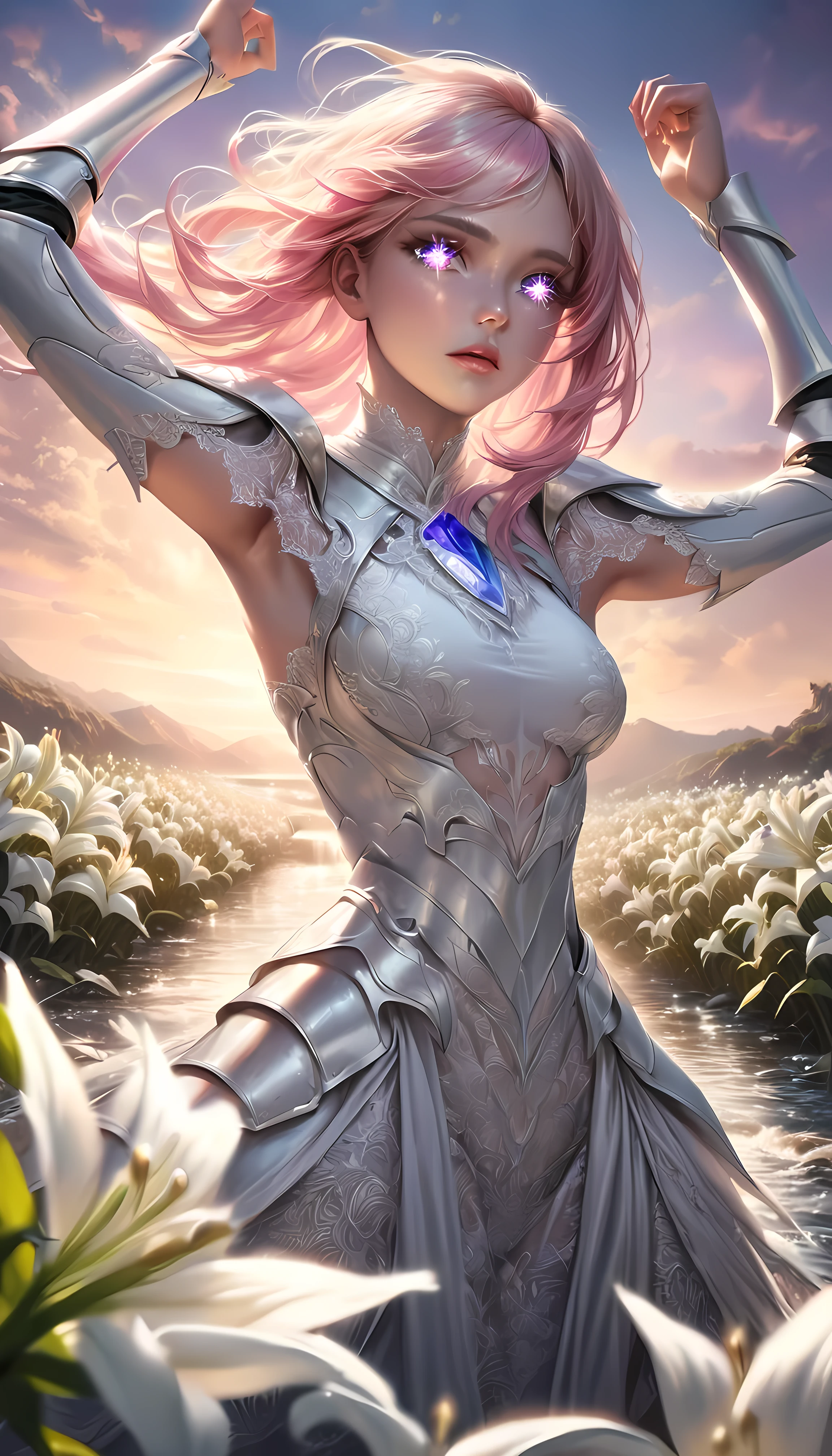 Realistic, Hyper Detail, only, Layered Bob, Dynamic Lighting, ((Bold and imaginative poses)), (Glowing Skin: 1.5), Tabletop, Highest quality, Absurd, Audience, (Blonde and pink hair), (Deep purple clear eyes:1.3),((beautiful, Detailed eyes, Jewel-like eyes, Colorful eyes, Sparkling eyes:1.3)), thin, High resolution, Sharp focus, Depth of written boundary, Detail Eyes, Sharp eyes, (Realistic eyes)), Outdoor, Sunrise Sky, (An attractive, delicately designed river-trimmed lace dress, (Wearing sexy armor of white lilies with intricate patterns): 1.3))
