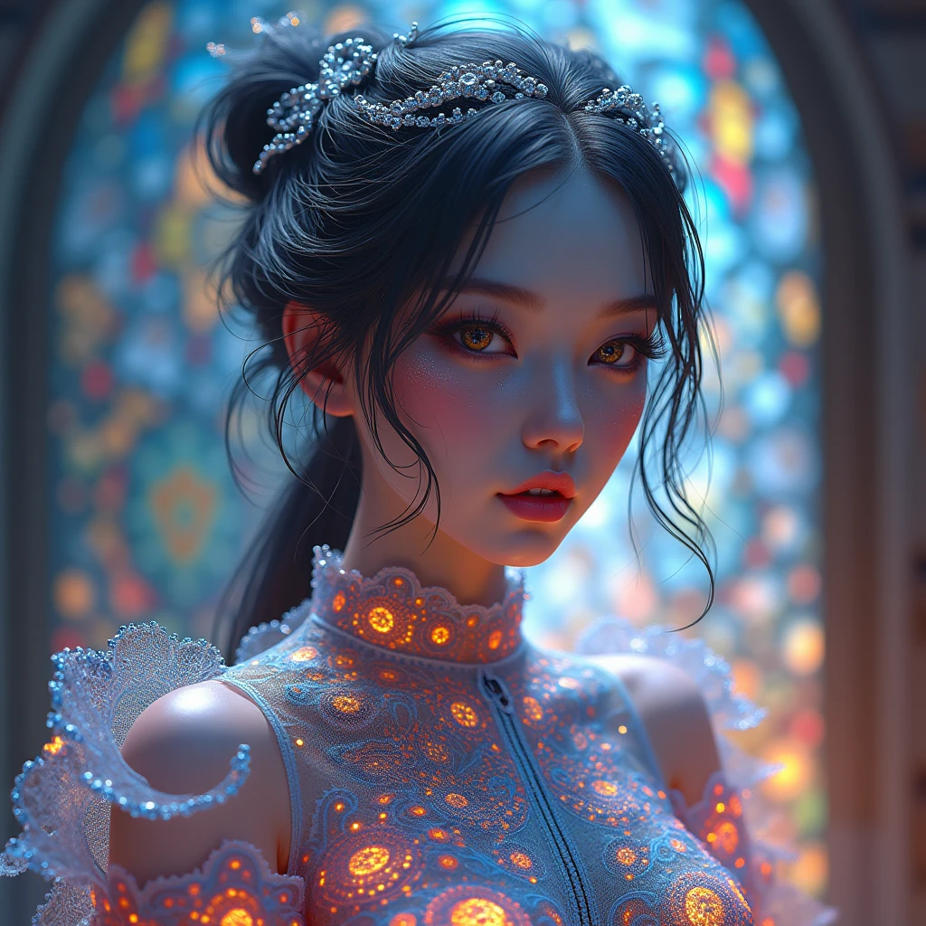 unparalleled (masterpiece, top quality, best quality, official art, beautiful and aesthetic:1.2), (1girl), extreme detailed,(fractal art:1.3),colorful,highest detailed, insane (masterpiece, top quality, best quality, official art, beautiful and aesthetic:1.2), (1girl), extremely detailed clean face, beautiful detailed eyes, beautiful detailed lips, long eyelashes, intricate fractal pattern dress, colorful, vibrant, glowing, cinematic lighting, volumetric lighting, photorealistic, hyperrealistic, ultra high resolution, digital art, concept art,(((Very detailed))), Race:1.8,Super intricate Race pattern,colorful Race pattern,Stained glass background transparent body, Mandala,Light Up,cold, 1 female,Open back,(curls,Blonde),varies,multi, etc. --v 6 --s 1000 --c 20 --q 500 --chaos 100