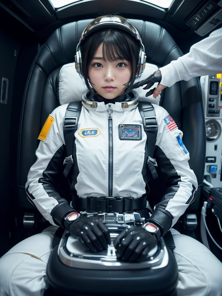 masterpiece, Highest quality, Very detailed, Japanese Android girl, Beautiful 2 Japanese woman, Plump,Control panel,Android,cyborg,Blunt bangs,Sitting in the cockpit of a spaceship and piloting it,The control stick is in the center of the seat.,astronaut,Restrained to the seat by a thick harness,Full-face helmet,Oxygen mask with regulator,