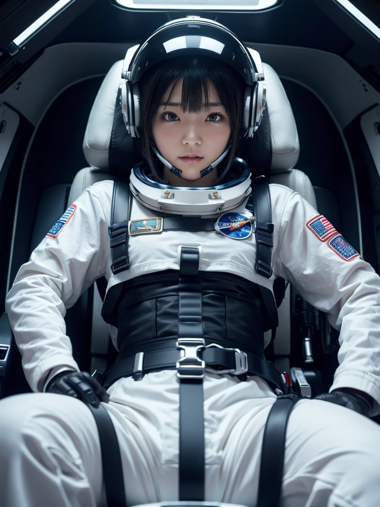 masterpiece, Highest quality, Very detailed, Japanese Android girl, Beautiful 2 Japanese woman, Plump,Control panel,Android,cyborg,Blunt bangs,Sitting in the cockpit of a spaceship and piloting it,The control stick is in the center of the seat.,astronaut,Restrained to the seat by a thick harness,Full-face helmet,Oxygen mask with regulator,