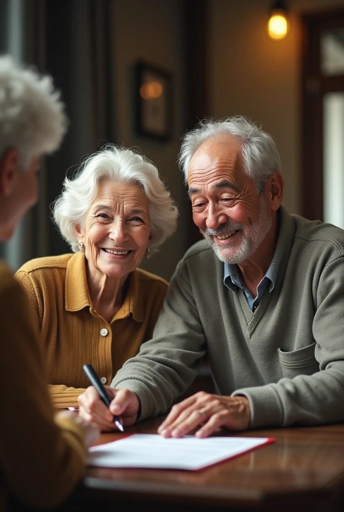 TWO ELDERLY BRAZILIANS SMILING, TAKING OUT A LOAN AND SIGNING A CONTRACT AT THE BANK, CINEMATOGRAPHIC FRAME, ETHNIC VARIETY