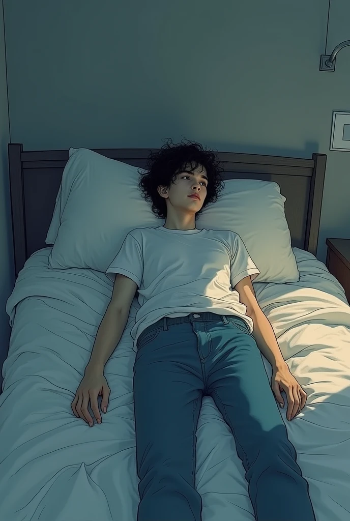 (minimalistic drawing)(dark little color)(young skinny messy hair )(Whiteshirt)(blue pants)the young man is lying in his bed thinking about something