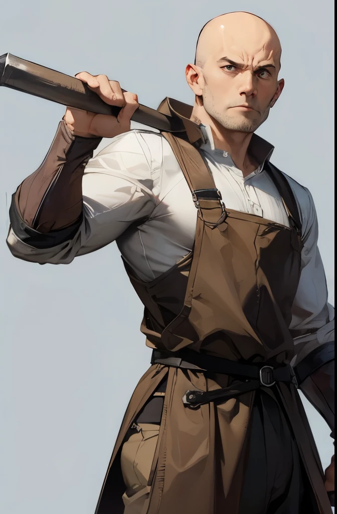 bald man wearing ordinary clothes holding a sledgehammer in medieval era