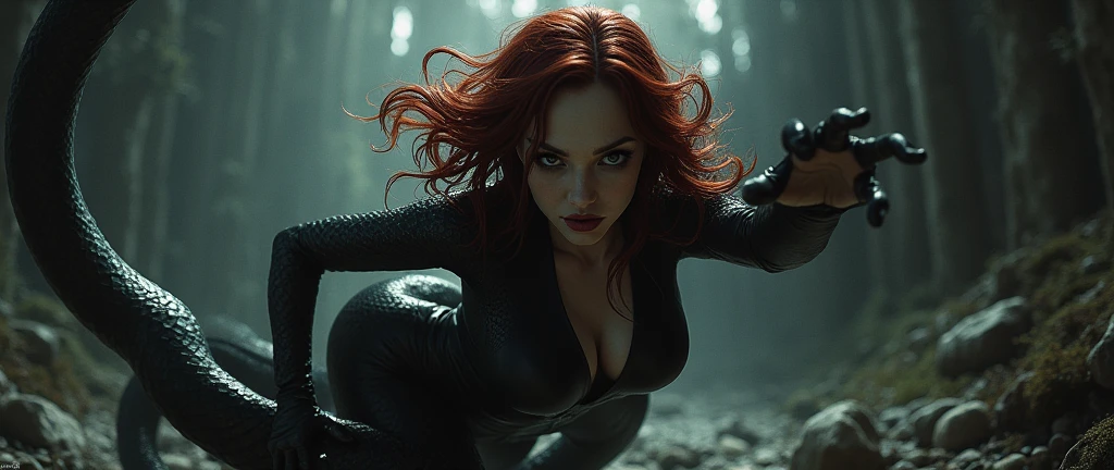 Black widow, marvel comics, no legs, lamia, snake tail for legs, coming for you, wants you, desperately reaching.