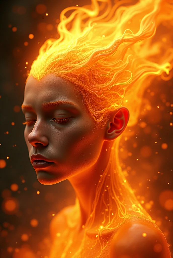 thin face, eyes closed, fire around the face, power enveloping the image, realistic, high quality, particles coming out all over the image, flames everywhere, high quality, 4k