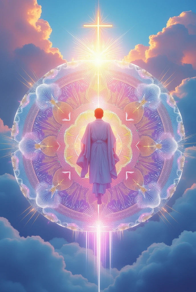 Create a Mandala in which you use pastel and gradient colors like sky blue, purple, White and pink includes objects that highlight being a leader of a Christian church such as the piano, The cross and the bible also includes drawings of the topographic study.
