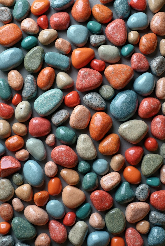 Tightly arranged pebbles, colored, uneven in size
