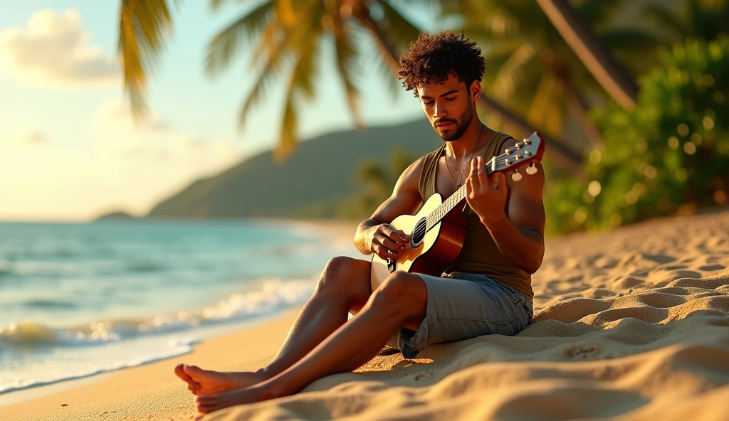 1man playing ukulele on the street, Avai beach, tropical beach, warm sunlight, palm trees, ocean waves, beautiful detailed eyes, beautiful detailed lips, extremely detailed face, longeyelashes, intricate ukulele details, photorealistic, 8k, cinematic lighting, vibrant colors, highly detailed, masterpiece