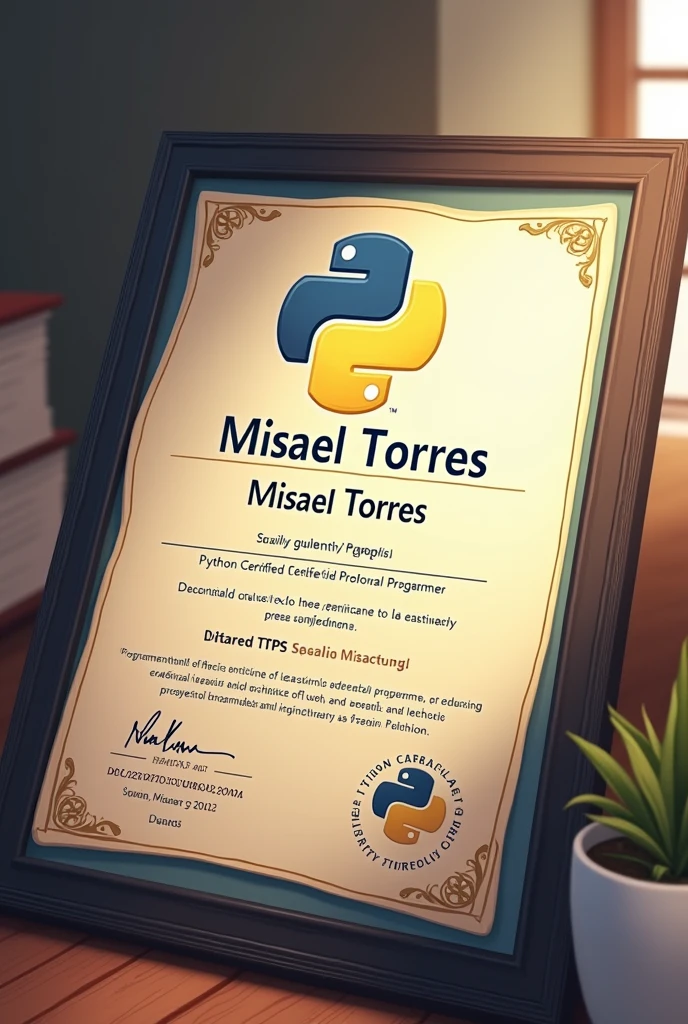 PCPP1 certificate in the name of Misael Torres. realist, Date, name of institution, python logo, business
