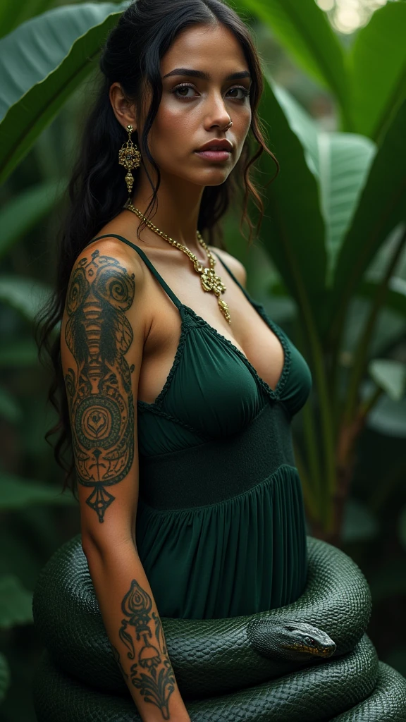 very beautiful woman with features of a beautiful Brazilian indigenous woman, wearing a dark green dress and jewelry that reminds us of snakes, her skin is covered in tribal tattoos that allude to snakes.high quality, (RAW photo, best quality), (realistic, photorealistic: 1.4), (extremely delicate and beautiful: 1.4), amazing, fine details, masterpiece, ultra detailed, high resolution, best illustration, best shadow, intricate, ( extremely intricate: 1.2), (exquisitely detailed skin), cinematic light, perfect anatomy, (cool color: 1.4), sharp focus, 8k UHD, DSLR, (Fujifilm XT3),(iluminación cinematográfica :1.4), (fondo selva África hojas grandes silvestres :1.4), (pose americano :1.4), (rodeado de anaconda gigante serpiente :1.4), (anaconda :1.4) 