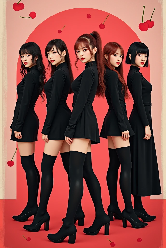 Create an image of a kpop group with five members (backwards), one with dark brown hair, another with light brown hair,another one with dark red hair,another one with black hair, and another with black hair tied back. The group is called blackcherry, Its concept is black and red cherries and its representative colors are black and red., The group has a retro concept, soft y girl crush (poster style) las chicas se encuentran backwardss 