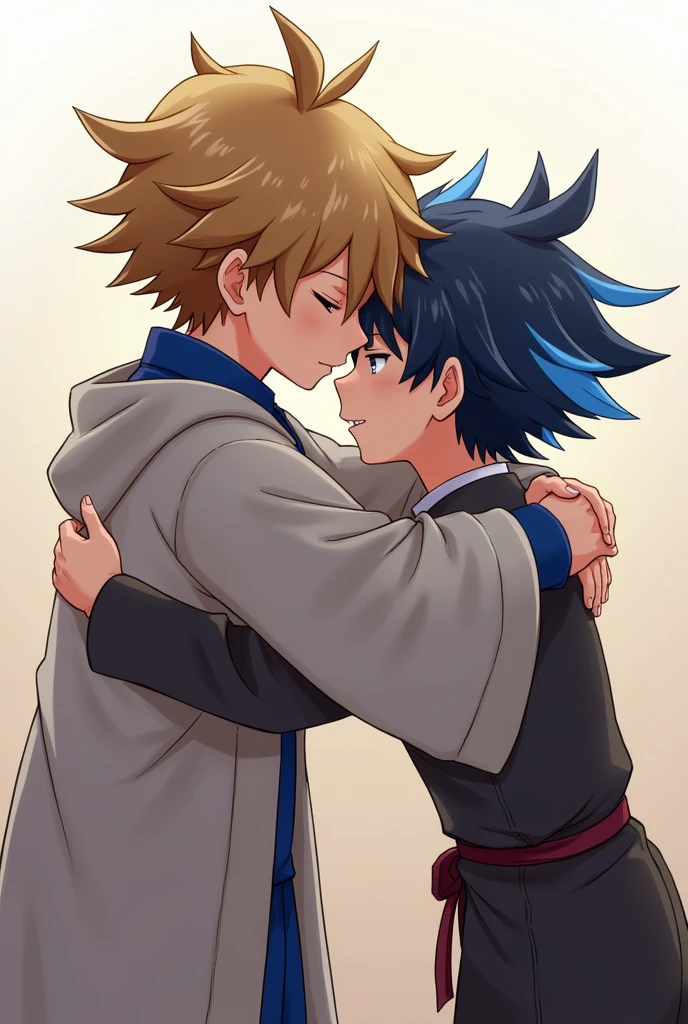 A boy who was a  blond but brown at the same time with a robe-like suit on the outside and a blue shirt on the inside, a dark-haired boy with blue hair hugging him