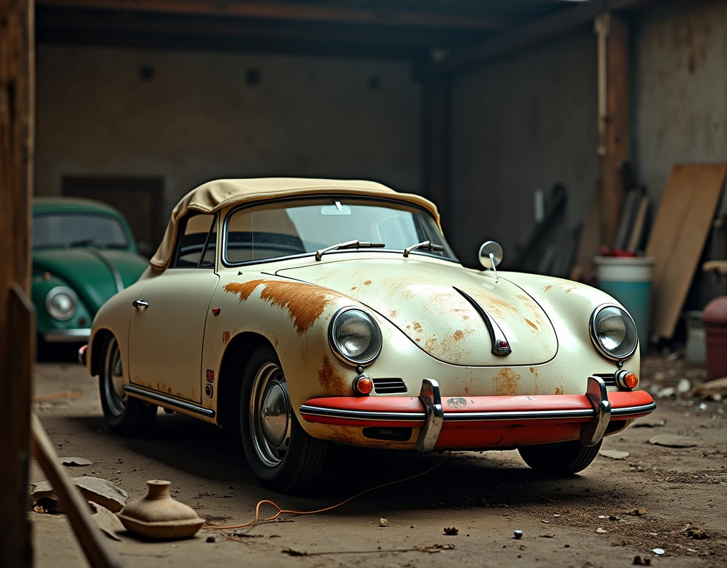 White Porsche 356 with a red fender and black hood with minor dents and patena on all the surfaces parked in a barn covered with dust and random farm supplies leaning up against the side. Spider webs all over the place and a canvas tarp half covering the top and back of the car. Professional photography, bokeh, natural lighting, canon lens, shot on dslr 64 megapixels sharp focus" Cinematic film still, shot on v-raptor XL, film grain, vignette, color graded, post-processed, cinematic lighting, 35mm film, live-action, best quality, atmospheric, a masterpiece, epic, stunning, dramatic