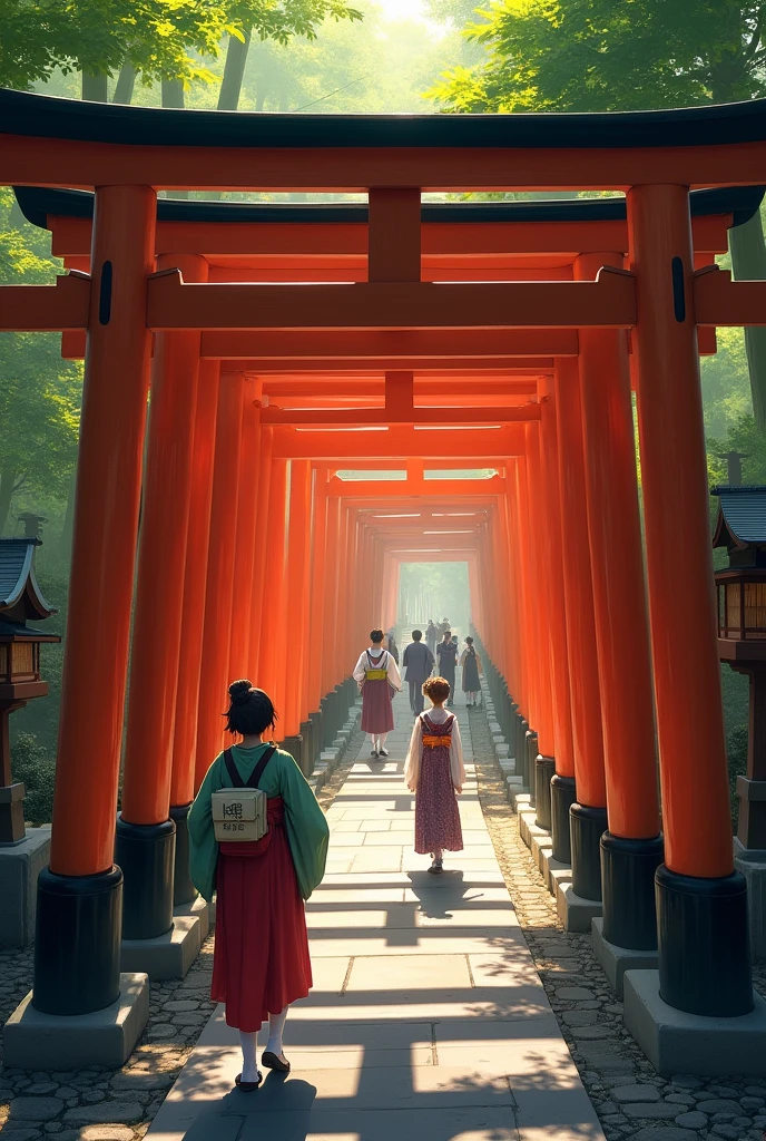 A realistic view of Fushimi Inari Shrine in Kyoto。The iconic red torii gate、It forms an uninterrupted tunnel through the lush forest.。wood々soft sunlight peeks through the gap,、石畳の道にwood漏れ日の影を落としている。The contrast between the vibrant red of the torii gate and the surrounding greenery is beautiful。Small stone lanterns and shrines are scattered along the road.、It creates a sacred and tranquil atmosphere.。In the distance、Several visitors dressed in traditional Japanese clothing were walking around.、Adding cultural authenticity to the tranquil scene。