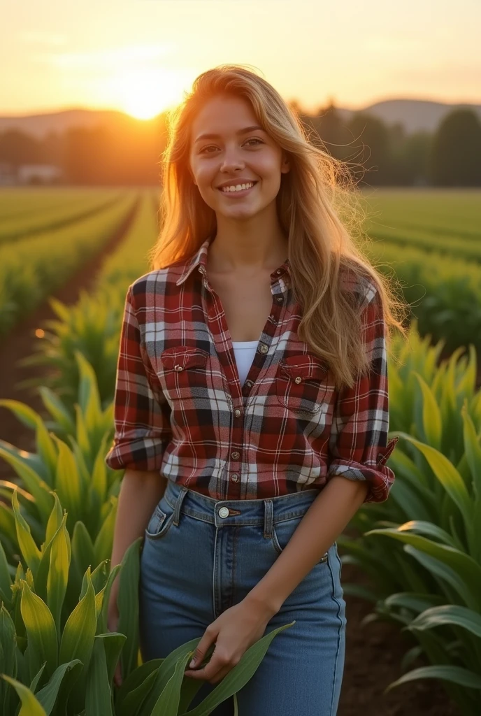 Create an image of a young woman with a charming appearance, dressed in casual 1980s attire including a plaid shirt and high-waisted jeans, harvesting crops in a rural field. Capture her in a dynamic pose, with the sun casting long shadows behind her. Use warm, golden light to highlight her figure and the lush green crops.