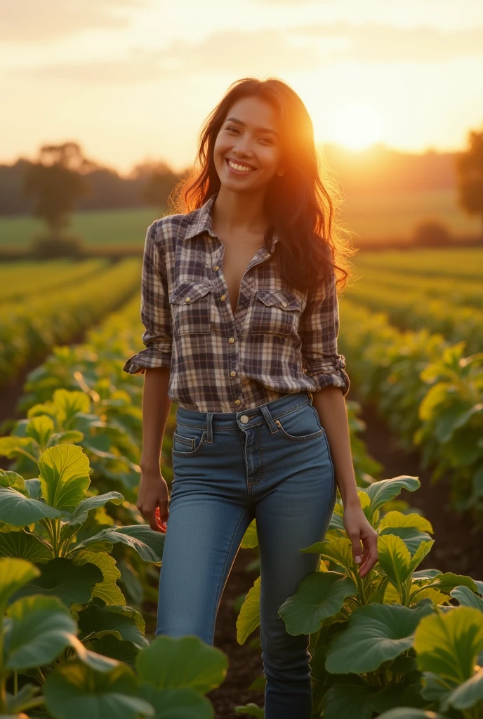 Create an image of a young woman with a charming appearance, dressed in casual 1980s attire including a plaid shirt and high-waisted jeans, harvesting crops in a rural field. Capture her in a dynamic pose, with the sun casting long shadows behind her. Use warm, golden light to highlight her figure and the lush green crops.