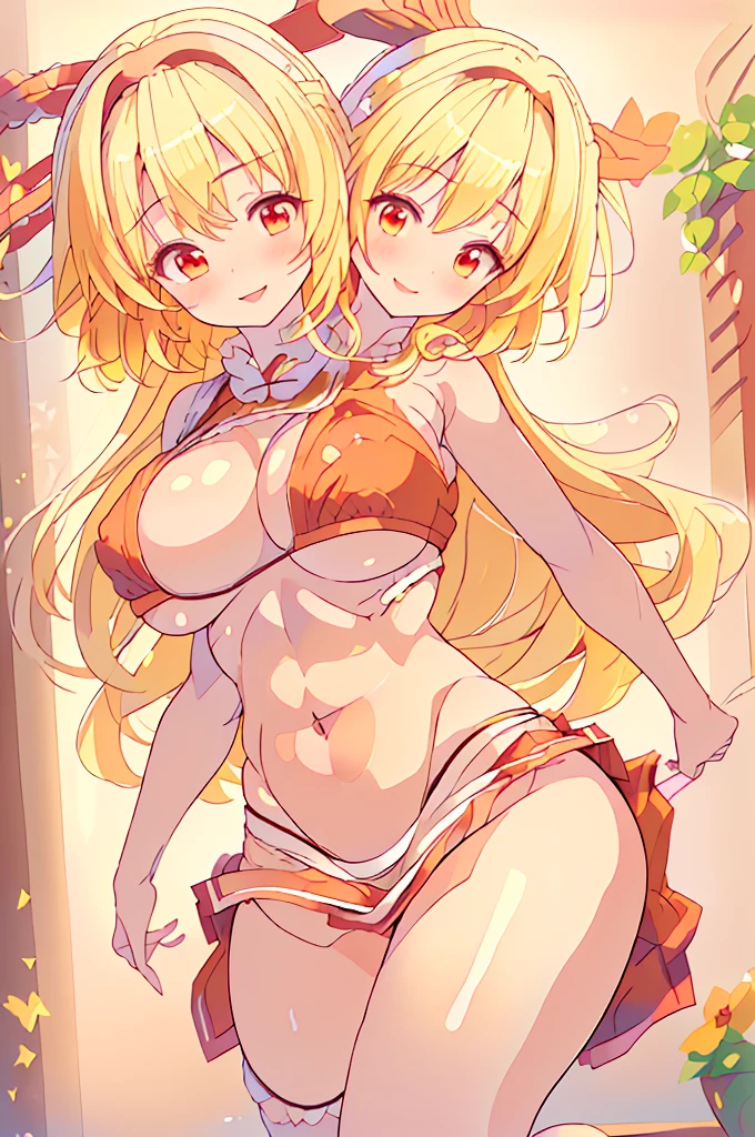 (masterpiece, best quality), best quality, (ultra-detailed), ((3heads:1.5)), 1girl, (ellen (touhou):1.3), masterpiece, best quality, ultra quality, ultra resolution, ultra detail, (red top:1.5), crop top, ((stomach)), midriff, ((groin)), (red skirt:1.5), normal ears, shackles, blonde hair, very long hair, wavy hair, sidelocks, green eyes, very beautiful eyes, parted lips, open belly, (cutr smile:1.5), smiling, soft smile, cute, toned belly, hand on own chest, eyelashes, (2 woman:1.3), (masterpiece:1.5), (best quality:1.5), (beautiful detailed, extremely detailed CG, extremely delicate and beautiful, depth of field, (finely detailed face), (perfect details:1.3), (mature female:1.4), wide pelvis, slender, large veiny breast, 16k resolution, highres, high quality, high definition, extremely detailed, masterpiece, best quality, blonde hair, long hair, alluring presence, braid, short skirt, close up, very big tits, huge breasts, young, hairband, red hairband, waist apron, girl with three heads, three headed girl, ((blonde:1.5)),