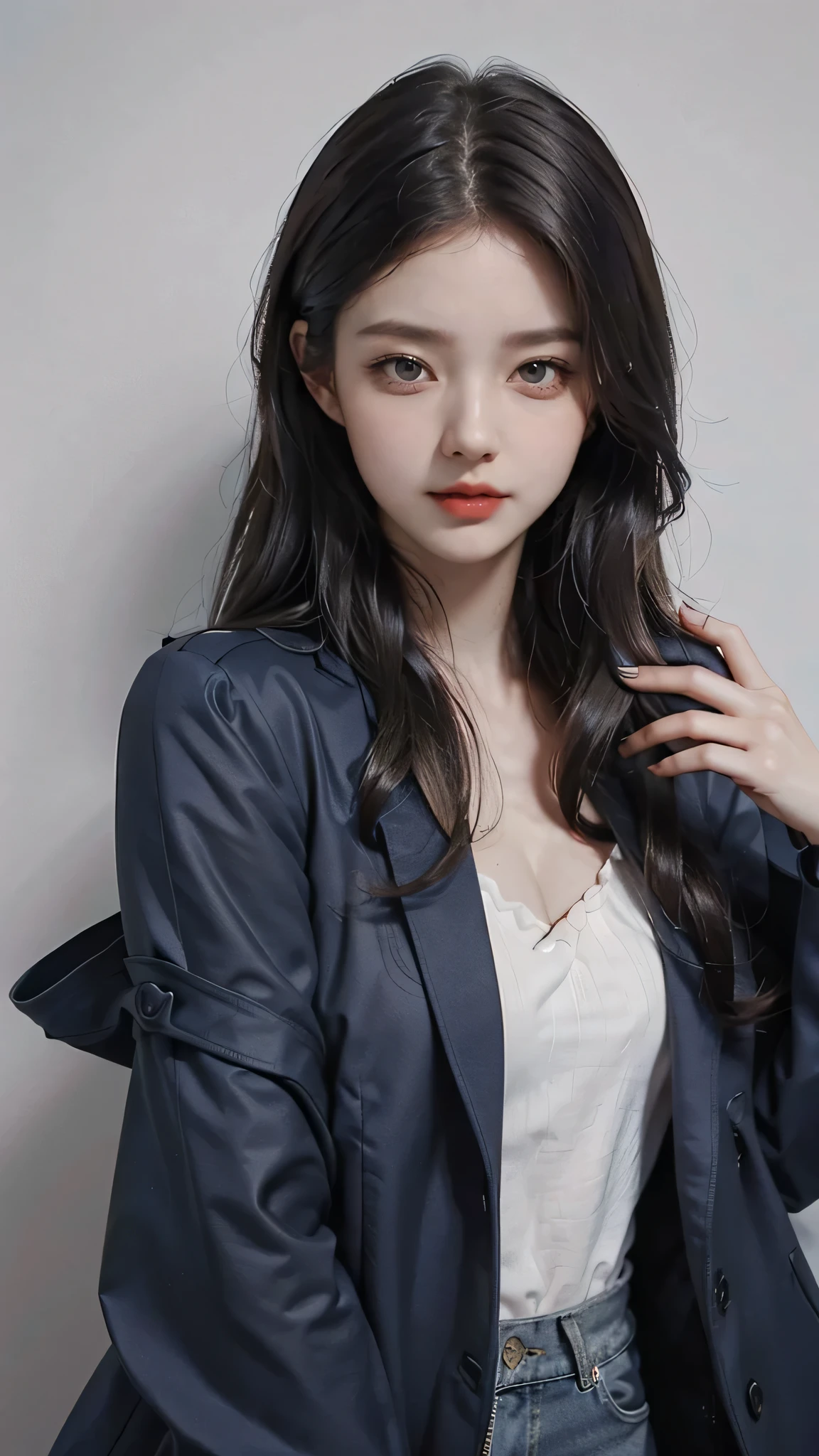 Girl wearing, luxury navy blue coat, shoulder length hair, wavy hair, glowing skin, star in eye, red lips, grey background, cute poses , upper body.