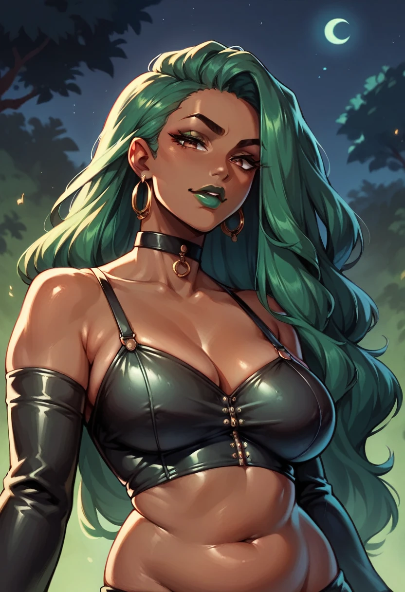 beautiful woman, ((african skin)), green hair, long hair, at night, green lipstick, black choker, chubby, posing, confident, leather clothes, evil face