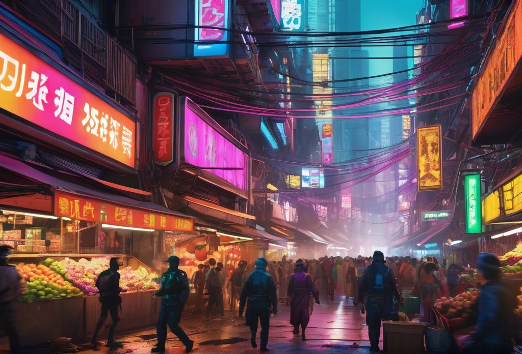 Escape Through the Market Chaos: A bustling, futuristic market filled with vendors and civilians running in panic as a chase unfolds. A rogue spy, clutching a stolen data chip, dashes through the crowd, overturning stalls and dodging gunfire from pursuing agents. The scene is a chaotic blend of neon lights, exotic goods, and the blur of frantic motion, with the spy narrowly evading capture.
