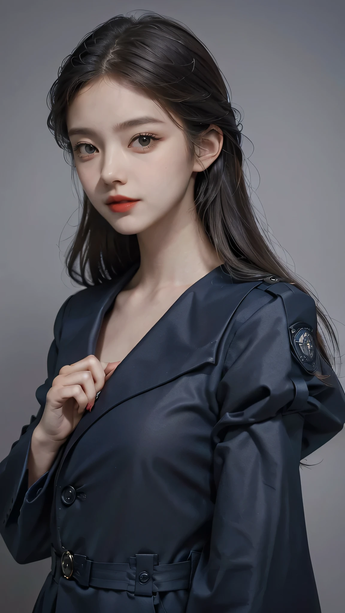 Girl wearing, luxury navy blue coat, shoulder length hair, wavy hair, glowing skin, star in eye, red lips, grey background, cute poses , upper body.