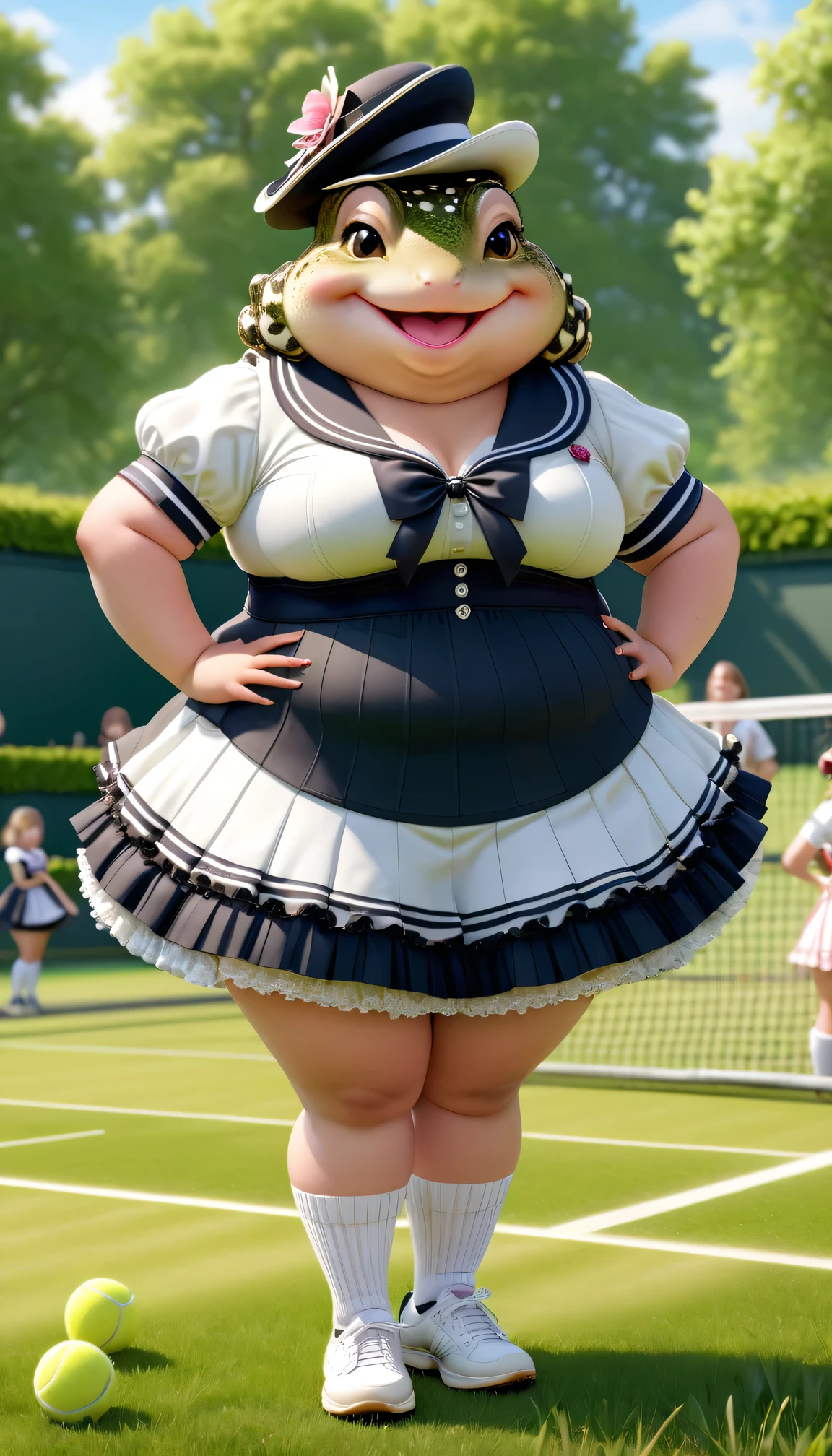 photorealistic portrait of Dressed animals - a ((fat)) toad tennis player,(hands on hip:1.5),(happy smile),(elegant pose:1.5), high quality,(lovely smile:1.5) ,intricate detailed frills and ribbon, highly detailed (Gothic & Lolita tennis wear),short skirt, sox and tennis shoes, grass tennis court background, (happy), perfect lighting,(full body image:2.0),score_9, score_8_up, score_7_up, score_6_up, score_5_up, score_4_up,