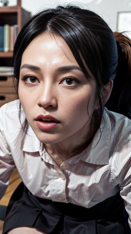 (nsfw:0), realistic, photo-realistic, best quality, masterpiece, high resolution,  intricate details, extremely detailed, solo, a Japanese mature, open mouth, glossy lips, bangs, ponytail, lewd look, (shirt, skirt), detailed face, detailed dark eyes, sophisticated nose, pale skin, sweaty, shiny skin, photo background, indoors, home, 