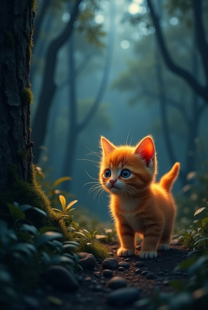 **Ember’s Exploration**:
- *Prompt*: "A small, curious orange kitten with fur matching a fiery sunset, wandering near the edge of a dark, eerie forest. The kitten is exploring, looking around with wide eyes, unaware of the dangers around her. The forest in the background is dense, with tall, shadowy trees and thick underbrush."