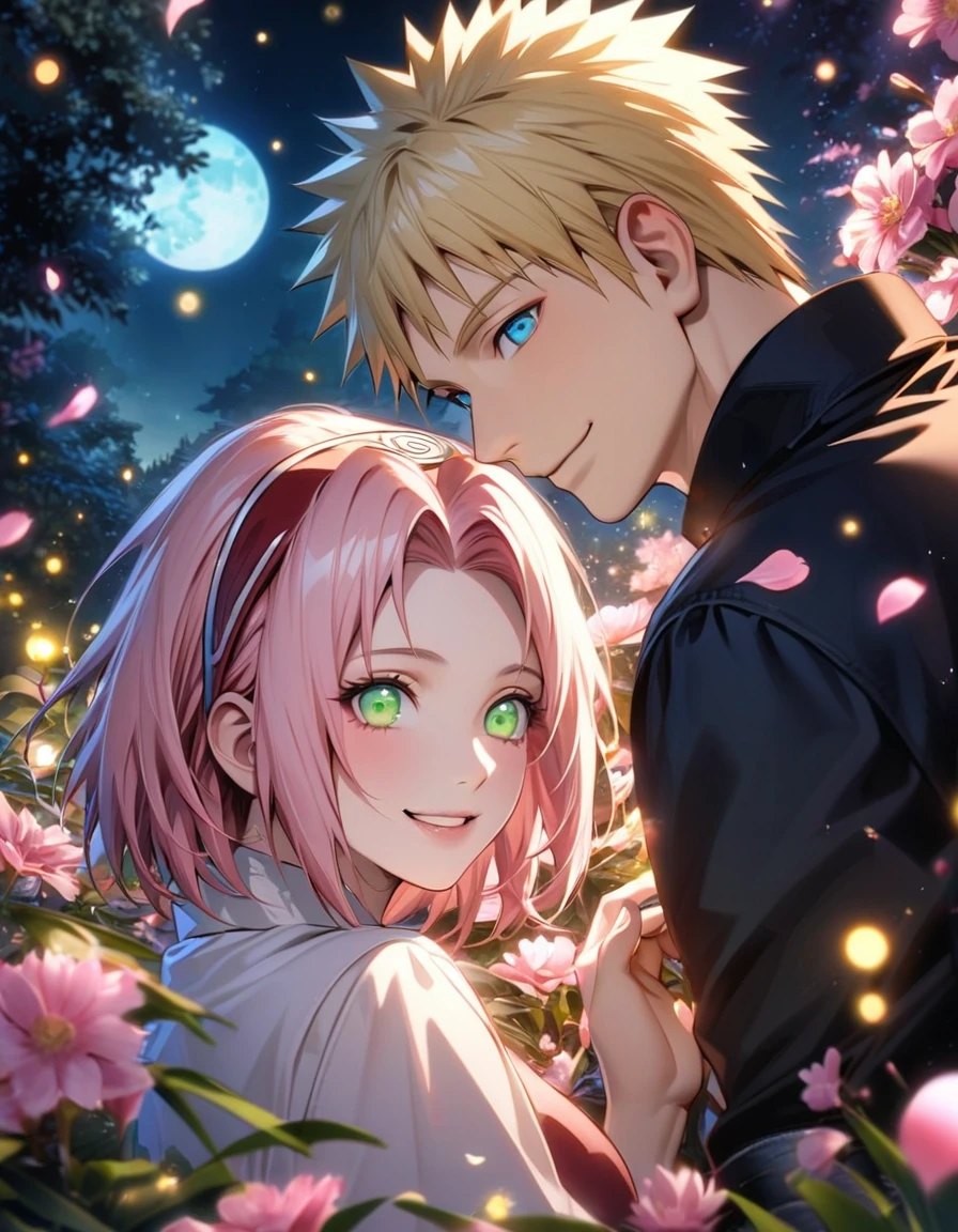 Ultra detailed, highres, absurdres, HDR, Haruno Sakura, pink short hair, green expressive eyes, Uzumaki Naruto, blue expressive eyes, blonde hair, Naruto Shippuden, pink flowers, petals, fireflies, moon, a beautiful woman together with a handsome man, couple, handsome, beautiful, very detailed face and eyes, smiling
