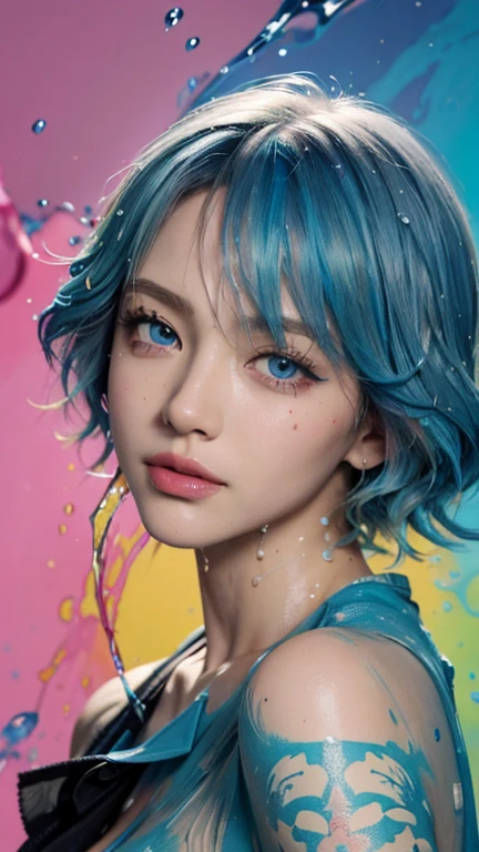 masterpiece, best quality, 8k,masterpiece, (masterpiece, best quality, high resolution), anime style, Colorful background((acrylic paint, (splash of color, splash ink, splash of color)) , Detailed skin texture, Detailed fabric texture, beautifull detailed face, intricate details, Super detailed, Portrait of Rei Ayanami, blue hair, blue eyes,head tilt,
