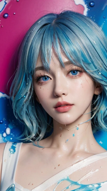 masterpiece, best quality, 8k,masterpiece, (masterpiece, best quality, high resolution), anime style, Colorful background((acrylic paint, (splash of color, splash ink, splash of color)) , Detailed skin texture, Detailed fabric texture, beautifull detailed face, intricate details, Super detailed, Portrait of Rei Ayanami, blue hair, blue eyes,head tilt,