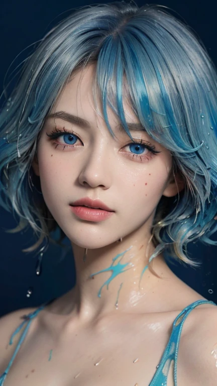 masterpiece, best quality, 8k,masterpiece, (masterpiece, best quality, high resolution), anime style, Colorful background（(acrylic paint, (splash of color, splash ink, splash of color)） ,  Detailed skin texture, Detailed fabric texture, beautifull detailed face, intricate details, Super detailed, Portrait of Rei Ayanami, blue hair, blue eyes，head tilt,