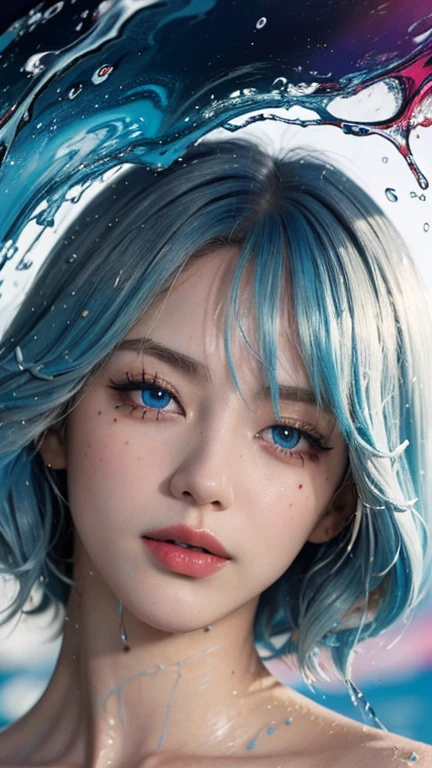 masterpiece, best quality, 8k,masterpiece, (masterpiece, best quality, high resolution), anime style, Colorful background((acrylic paint, (splash of color, splash ink, splash of color)) , Detailed skin texture, Detailed fabric texture, beautifull detailed face, intricate details, Super detailed, Portrait of Rei Ayanami, blue hair, blue eyes,head tilt,