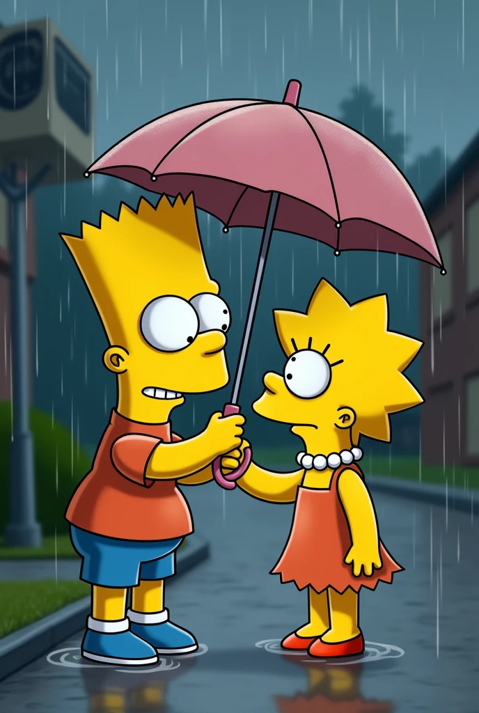 Brothers Bart and Lisa Simpson in a cute moment. Bart is angry. Bart Avoids Looking at Lisa. Bart holds the umbrella with just one hand. Bart's hand holding the umbrella is stretched out towards Lisa.. The umbrella is small. The umbrella is only over Lisa's head. Bart gets rain on his body. Bart is facing away from Lisa. Lisa is the only one under the Umbrella. Lisa is protected from the rain. The umbrella is tilted towards Lisa.