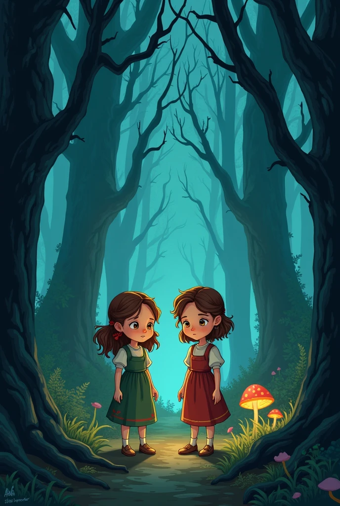 2 peasant girls in a cartoon scared because they suddenly became adults in a scary forest