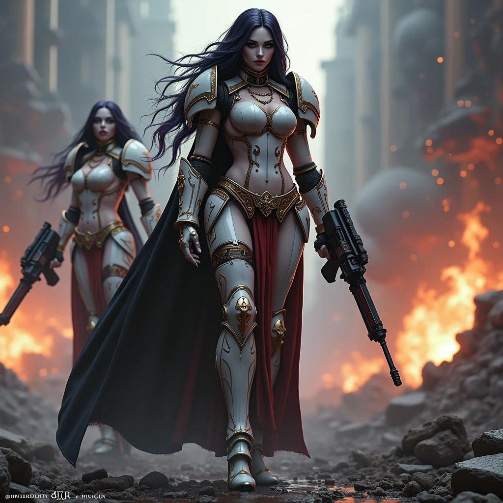 Full body pose sexy sisters of battle from the warhammer 40k, shooting at the enemy, white armor with intricate details, red armor with intricate details, religous symbols on the armor, sisters of battle, warhammer 40k, Massive silicone breast, pale skin, seductive, temptation, eat your soul, clevage, long flowing black hair with purple highlights, heavy gothic makeup, at night, neon, beautiful detailed eyes, beautiful detailed lips, extremely detailed eyes and face, long eyelashes, highly detailed armor, intricate futuristic weaponry, dramatic lighting, cinematic composition, muted color palette, gritty and realistic, mecha, science fiction, hyper-detailed, photorealistic, award winning digital art, 8k, HDR, masters work, in the middle of a battle field, full body combat action pose, explosions and fire around, full war, stunning, Stilleto heels, high heels, full body pose, cinematic, movie trailer, final stand!, nemesis, ready to strike, dust and debree, combat screams, attacking, shooting at the enemy, running forward, last line of defense, charging, fanatic, religious, templar knights, sisters of battle, warhammer 40k