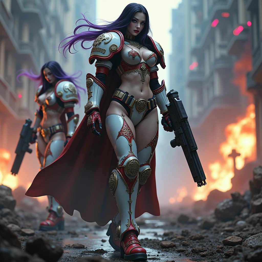 Full body pose sexy sisters of battle from the warhammer 40k, shooting at the enemy, white armor with intricate details, red armor with intricate details, religous symbols on the armor, sisters of battle, warhammer 40k, Massive silicone breast, pale skin, seductive, temptation, eat your soul, clevage, long flowing black hair with purple highlights, heavy gothic makeup, at night, neon, beautiful detailed eyes, beautiful detailed lips, extremely detailed eyes and face, long eyelashes, highly detailed armor, intricate futuristic weaponry, dramatic lighting, cinematic composition, muted color palette, gritty and realistic, mecha, science fiction, hyper-detailed, photorealistic, award winning digital art, 8k, HDR, masters work, in the middle of a battle field, full body combat action pose, explosions and fire around, full war, stunning, Stilleto heels, high heels, full body pose, cinematic, movie trailer, final stand!, nemesis, ready to strike, dust and debree, combat screams, attacking, shooting at the enemy, running forward, last line of defense, charging, fanatic, religious, templar knights, sisters of battle, warhammer 40k