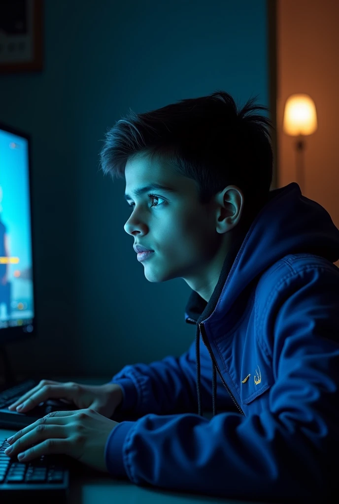 A teen ager Pakistani boy with blue jacket playing free fire in PC in a dark all lights off only PC screen light flex in his face and PC mouse in his hand