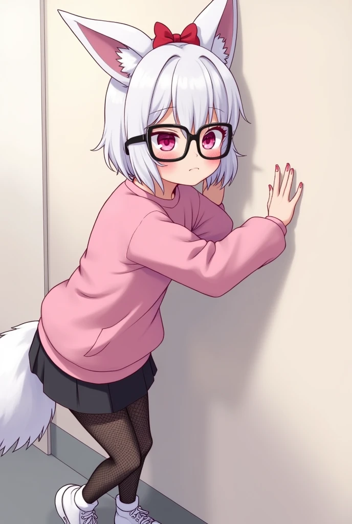 I have white hair white fox ears, a bow, My face is super blushing, black glasses, pink heart eyes, a big pink sweatshirt, painted nails a skirt down black shorts, black mesh stockings, White shoes, a fox tail a very shy girl i'm hitting you a wall grabbing her butt she's also pouting