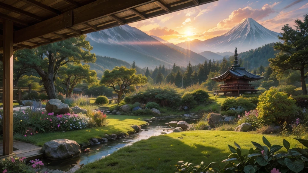 a futuristic pod home in a japanese garden, fairytale view with dramatic mountain range, rocks plants flowers shrubs bushes trees moss lawns grass mushrooms fireflies,colourful sunset and strong sunbeams,very hazy,extreme details,photorealistic,4k,HD,beautiful,nature, dreamy, low shot,ground level photo, good luminosity, high ambience