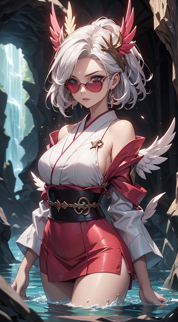 a woman with red wings, white hair on the shoulder, eye white, cleriga, wearing a light pink kimono , blue sunglasses, de corpo inteiro, in a style that combines dungeons and dragons art, oil painting, complex lighting, water colour, fancy, defined lines, saturated flat cores, film composition, perspective, Sketch Style, ultra-realistic, HD, with warm colors.