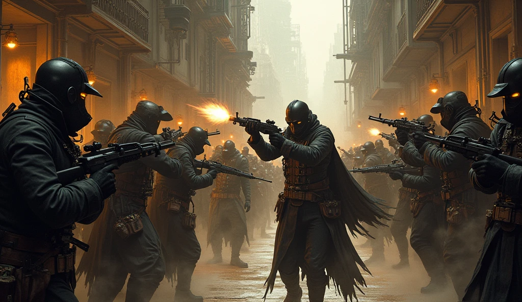 a corridor flanked by people trying to break into the place, They are wearing steampunk clothes and masks, the place is full of shots in the air along with a lot of dust