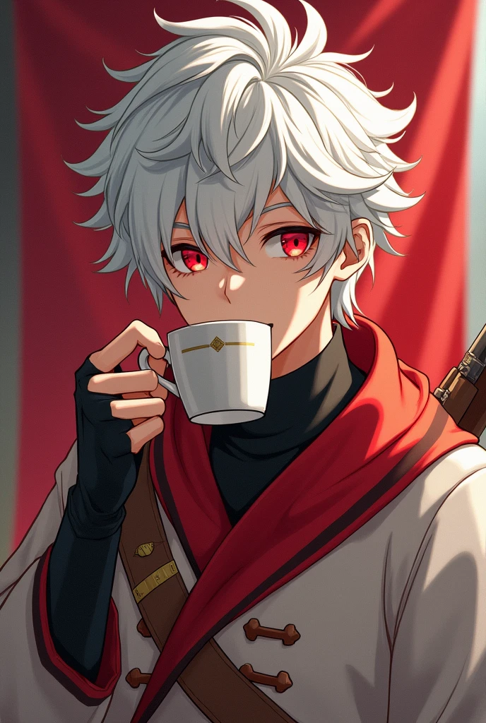 Bell Cranel white hair red eyes ruby white tea with orario flag with desert suit and with a mosin nagatan
